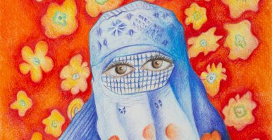 Painting of a woman wearing a hijab with bright eyes.